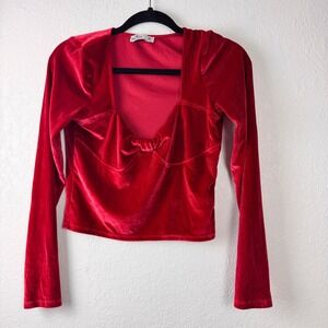 Hollister Red Velvet Sweetheart Knot Front Long Sleeve Crop Top Womens Medium